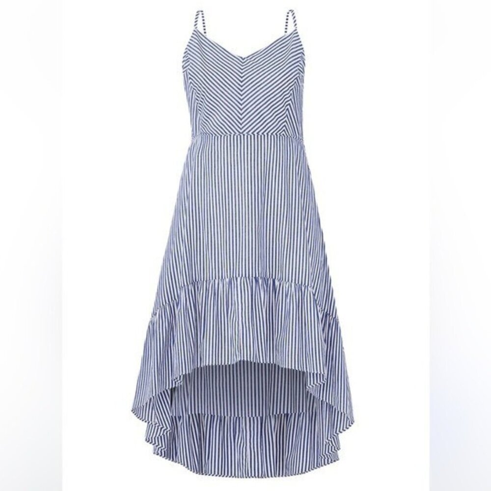 City Chic Seersucker Stripe Blue White High Low Midi Dress Size 14 Coastal Prep
